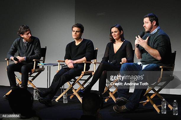 Moderator Drew Taylor, actor Paul Wesley, actress Dina Shihabi and writer/director Sean Mullin attend Apple Store Soho Presents Meet The Filmmakers:...
