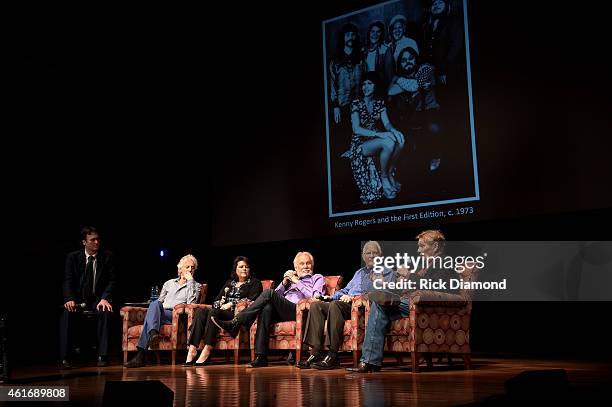 Moderator Peter Cooper of the Country Music Hall of Fame and Museum and musicians Gene Lorenzo, Mary Arnold Miller, Kenny Rogers, Mike Settle, and...