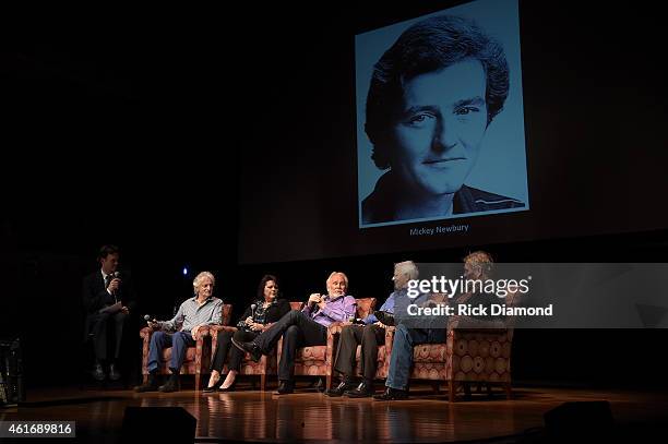 Moderator Peter Cooper of the Country Music Hall of Fame and Museum and musicians Gene Lorenzo, Mary Arnold Miller, Kenny Rogers, Mike Settle, and...