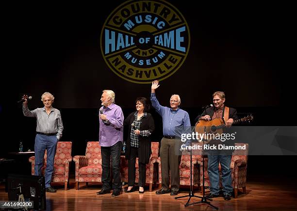 Musicians Gene Lorenzo, Kenny Rogers, Mary Arnold Miller, Mike Settle, and Terry Williams speak during a panel discussion with Kenny Rogers and the...