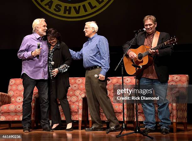 Musicians Kenny Rogers, Mary Arnold Miller, Mike Settle, and Terry Williams speak during a panel discussion with Kenny Rogers and the First Edition...