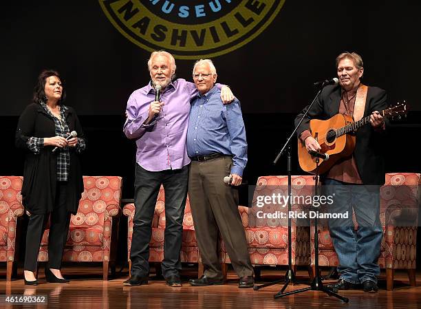 Musicians Mary Arnold Miller, Kenny Rogers, Mike Settle, and Terry Williams speak during a panel discussion with Kenny Rogers and the First Edition...