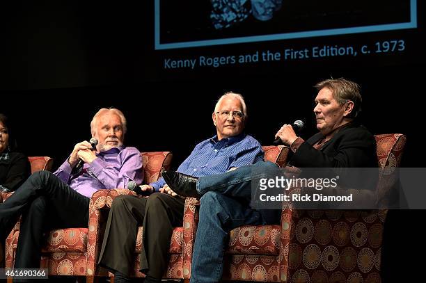 Musicians Kenny Rogers, Mike Settle, and Terry Williams speak during a panel discussion with Kenny Rogers and the First Edition at the Country Music...