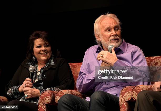 Musicians Mary Arnold Miller and Kenny Rogers speak during a panel discussion with Kenny Rogers and the First Edition at the Country Music Hall Of...