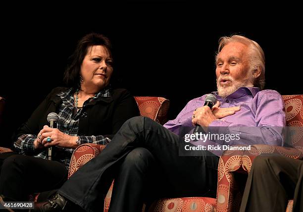 Musicians Mary Arnold Miller and Kenny Rogers speak during a panel discussion with Kenny Rogers and the First Edition at the Country Music Hall Of...