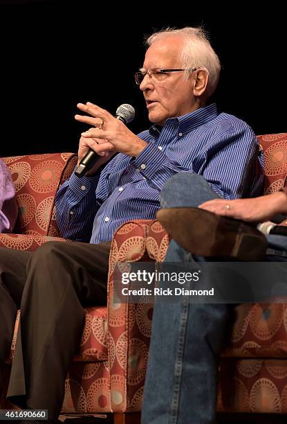 Musician Mike Settle speaks during a panel discussion with Kenny Rogers and the First Edition at the Country Music Hall Of Fame and Museum in the CMA...