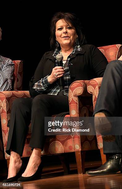 Musician Mary Arnold Miller speaks during a panel discussion with Kenny Rogers and the First Edition at the Country Music Hall Of Fame and Museum in...