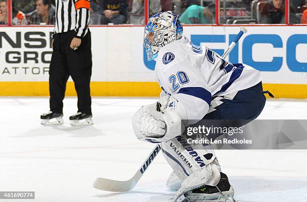 Evgeni Nabokov of the Tampa Bay Lightning tends goal against the Philadelphia Flyers on January 12, 2015 at the Wells Fargo Center in Philadelphia,...