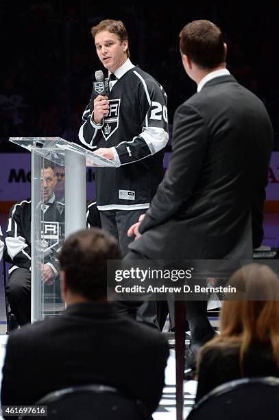 Los Angeles Kings President of Business Operations Luc Robitaille speaks during a Rob Blake's jersey retirement before a game between the Los Angeles...