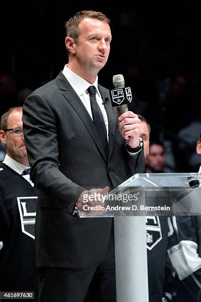 Rob Blake speaks during his jersey retirement ceremony before a game between the Los Angeles Kings and the Anaheim Ducks at STAPLES Center on January...