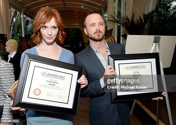 Actors Christina Hendricks and Aaron Paul, AFI Award honorees, attend the 14th annual AFI Awards Luncheon at the Four Seasons Hotel Beverly Hills on...