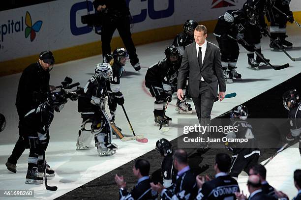 Rob Blake is introduced during his jersey retirement ceremony before a game between the Los Angeles Kings and the Anaheim Ducks at STAPLES Center on...