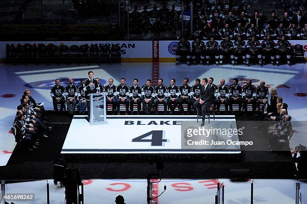 Los Angeles Kings President of Business Operations Luc Robitaille speaks during Rob Blake's jersey retirement ceremony before a game between the Los...