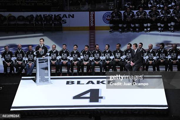 Los Angeles Kings President of Business Operations Luc Robitaille speaks during Rob Blake's jersey retirement ceremony before a game between the Los...