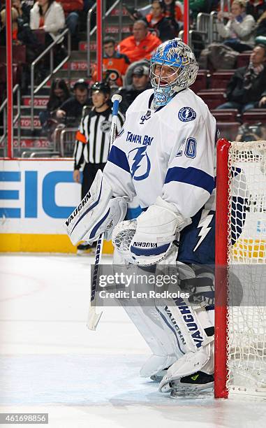 Evgeni Nabokov of the Tampa Bay Lightning tends goal against the Philadelphia Flyers on January 12, 2015 at the Wells Fargo Center in Philadelphia,...