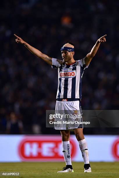 Jesus Zavala of Monterrey raises his arms during a match between Monterrey and Pachuca as part of 2nd round Clausura 2015 Liga MX at Tecnologico...