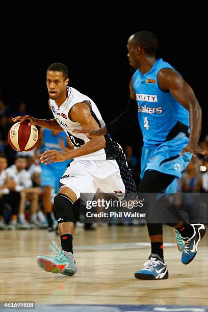 Stephen Dennis of Melbourne United runs the ball forward during the round 15 NBL match between the New Zealand Breakers and Melbourne United at...