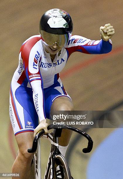 Russia's Team member Ekaterina Gnidenko celebrates at the end the UCI Cycling World Cup Women's Team Sprint, Final, at Alcides Nieto Patino...