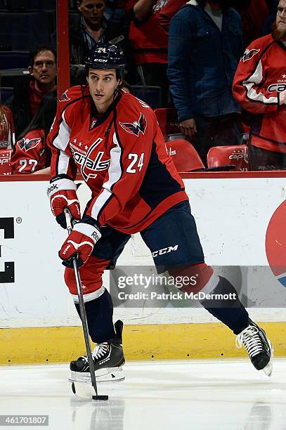 Aaron Volpatti of the Washington Capitals warms up prior to playing in an NHL game against the Toronto Maple Leafs at Verizon Center on January 10,...