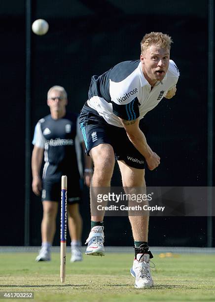 Former England cricketer Andrew Flintoff bowls during a nets session at The Gabba on January 18, 2015 in Brisbane, Australia.