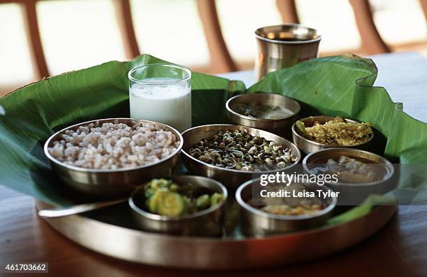 Traditional lunch thali at Kalari Kovilakom, a 19th century palace in the hills above Palakkad, Kerala, recently converted into an ayurvedic resort....