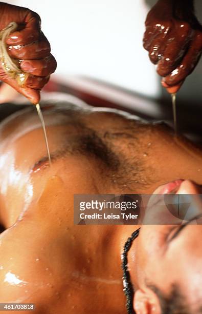 Pizhichil - an ayurvedic application where warm oil from the hands of two therapists is simultaneously poured over the body in rhythmic streams....