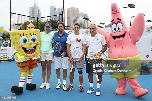 Alicia Molik, Henri Leconte, Billy Slater and Mansour Bahrami pose with Nickelodeon characters Spongebob Squarepants and Patrick Star following the...