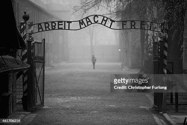 The infamous German inscription reads 'Work Makes Free' at the main gate of the Auschwitz I extermination camp on November 15, 2014 in Oswiecim,...