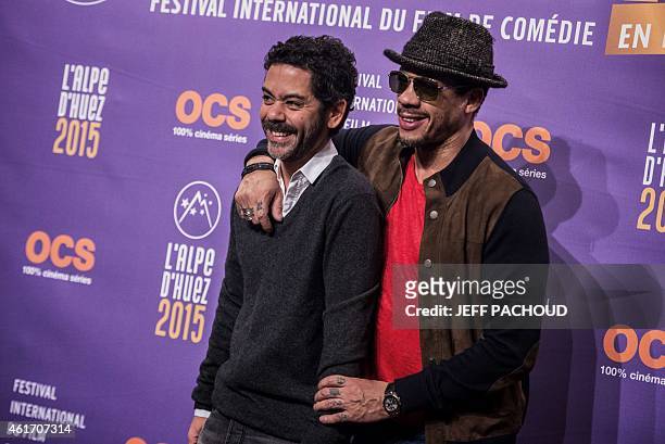French actors Didier Morville aka Joeystarr and Manu Payet pose on January 17, 2015 during the 18th Comedy film festival in L'Alpe d'Huez. AFP PHOTO...