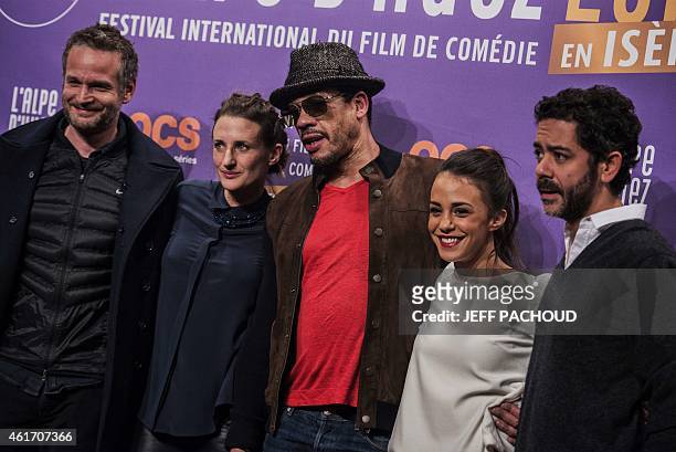French director Tristan Aurouet, French actors Camille Cottin, Didier Morville aka Joeystarr, Alice Belaidi and Manu Payet pose on January 17, 2015...
