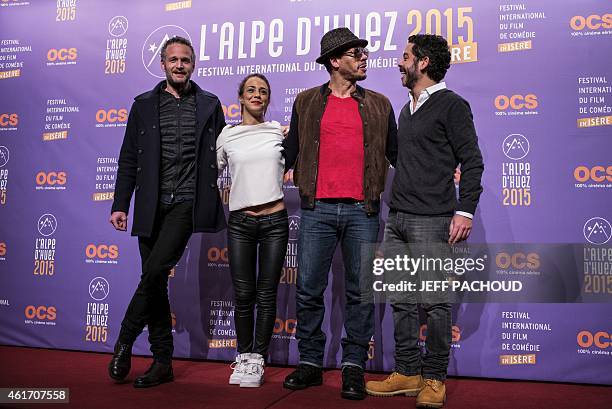 French director Tristan Aurouet, French actors Alice Belaidi, Didier Morville aka Joeystarr, and Manu Payet pose on January 17, 2015 during the 18th...