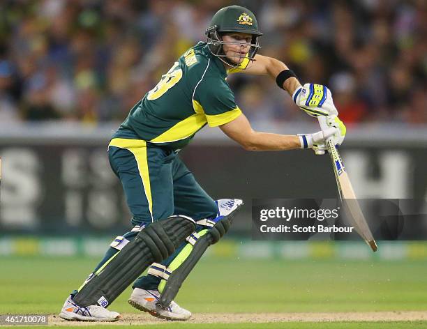 Steven Smith of Australia bats during the One Day International match between Australia and India at the Melbourne Cricket Ground on January 18, 2015...