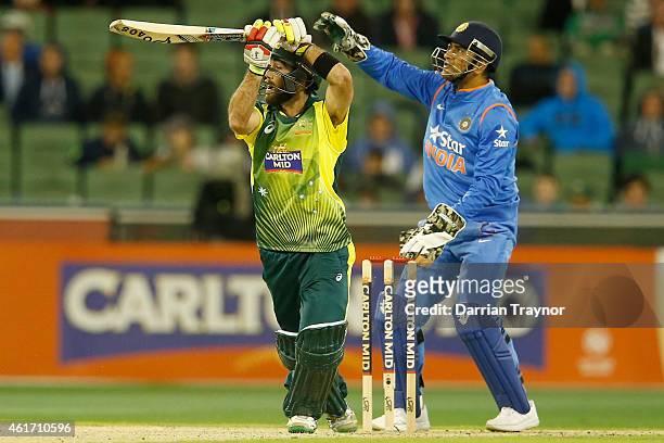 Glenn Maxwell of Australia bats during the One Day International match between Australia and India at Melbourne Cricket Ground on January 18, 2015 in...