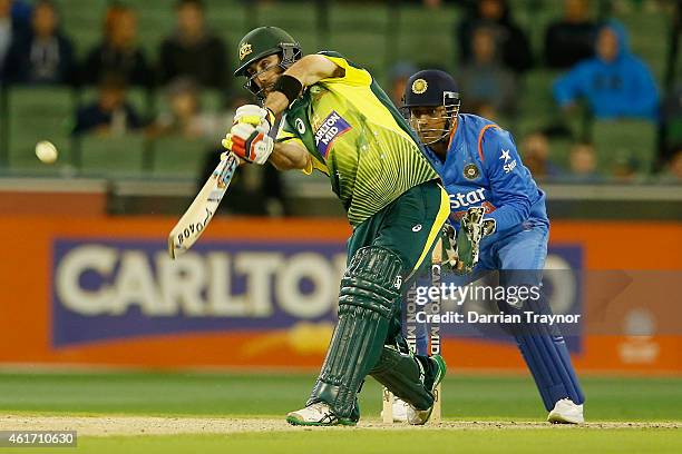 Glenn Maxwell of Australia bats during the One Day International match between Australia and India at Melbourne Cricket Ground on January 18, 2015 in...