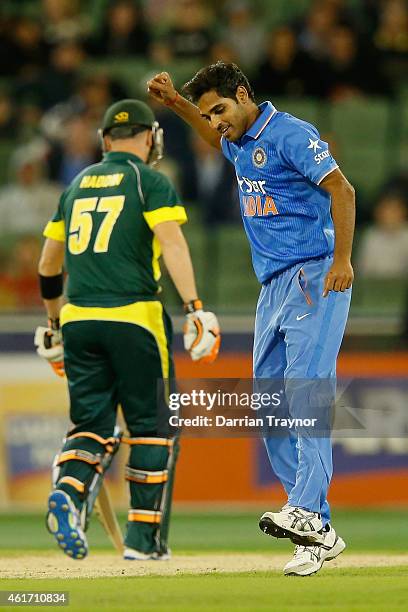 Bhuvneshwar Kumar of India celebrates taking the wicket of Glenn Maxwell of Australia during the One Day International match between Australia and...