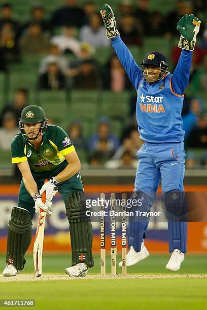 Dhoni of India appeals for an lbw against James Faulkner of Australia during the One Day International match between Australia and India at Melbourne...