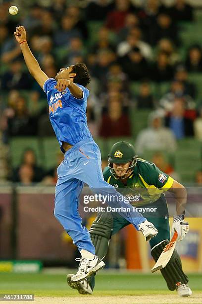 Bhuvneshwar Kumar of India attempts to stop the ball during the One Day International match between Australia and India at Melbourne Cricket Ground...