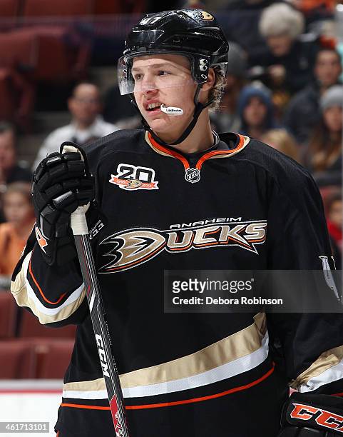 Hampus Lindholm of the Anaheim Ducks looks on during the game against the Phoenix Coyotes on December 28, 2013 at Honda Center in Anaheim, California.