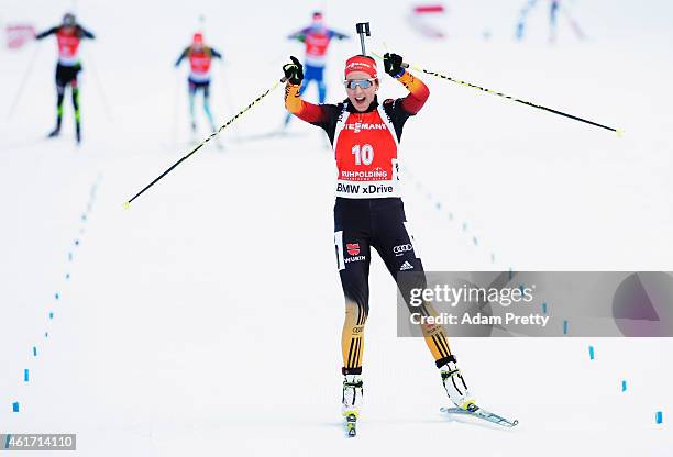 Franziska Preuss of Germany celebrates second place as she crosses the finish line after the IBU Biathlon World Cup Women's Mass Start on January 18,...