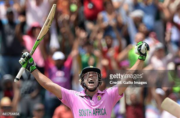 De Villiers of South Africa celebrates smashing the fastest ever one-day century off just 31 balls during the 2nd Momentum ODI between South Africa...