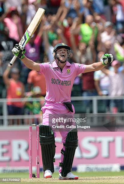 De Villiers of South Africa celebrates smashing the fastest ever one-day century off just 31 balls during the 2nd Momentum ODI between South Africa...