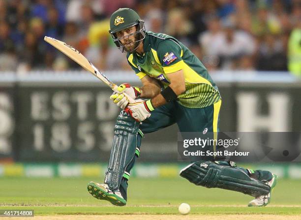 Glenn Maxwell of Australia bats during the One Day International match between Australia and India at the Melbourne Cricket Ground on January 18,...