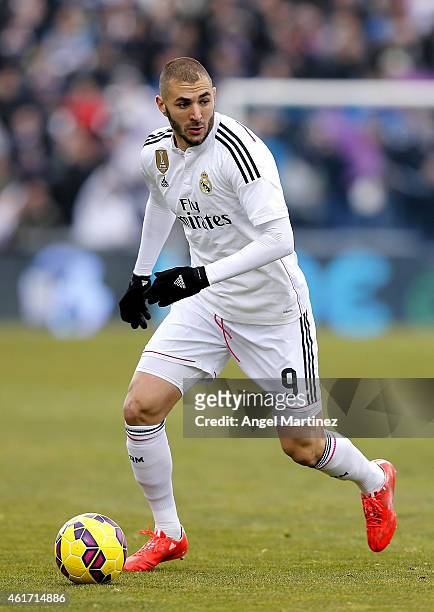Karim Benzema of Real Madrid in action during the La Liga match between Getafe CF and Real Madrid CF at Coliseum Alfonso Perez on January 18, 2015 in...