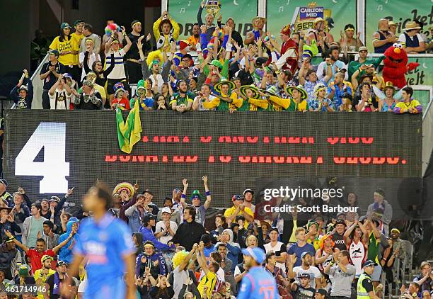 Spectators in the crowd wearing fancy dress including Elmo and Gumby celebrate as Australia hit the winning runs to win the One Day International...