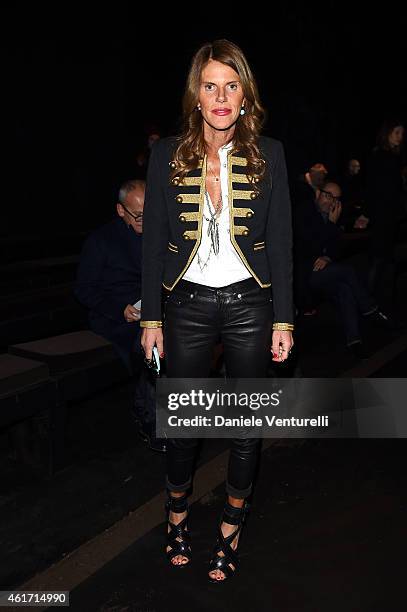 Anna Dello Russo attends the Salvatore Ferragamo show as part of Milan Menswear Fashion Week Fall Winter 20125/2016 on January 18, 2015 in Milan,...