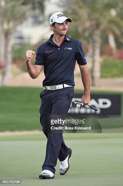 Gary Stal of France celebrates his putt on the 16th hole during the final round of the Abu Dhabi HSBC Golf Championship at the Abu Dhabi Golf Club on...