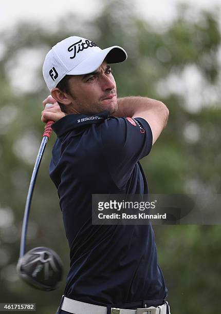 Gary Stal of France on the 16th tee during the final round of the Abu Dhabi HSBC Golf Championship at the Abu Dhabi Golf Club on January 18, 2015 in...