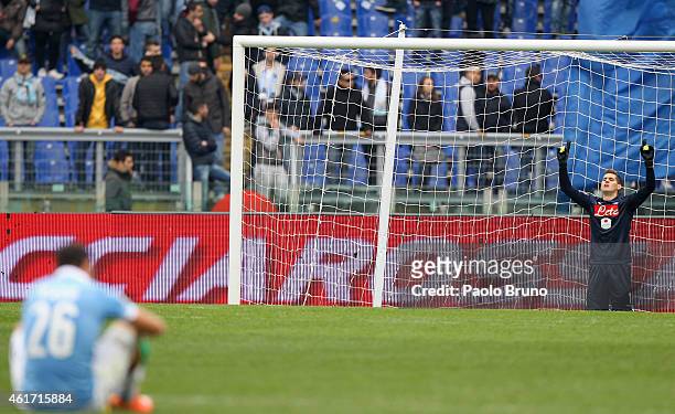 Napoli goalkeeper Cabral Barbosa Rafael celebrates the victory after the Serie A match between SS Lazio and SSC Napoli at Stadio Olimpico on January...
