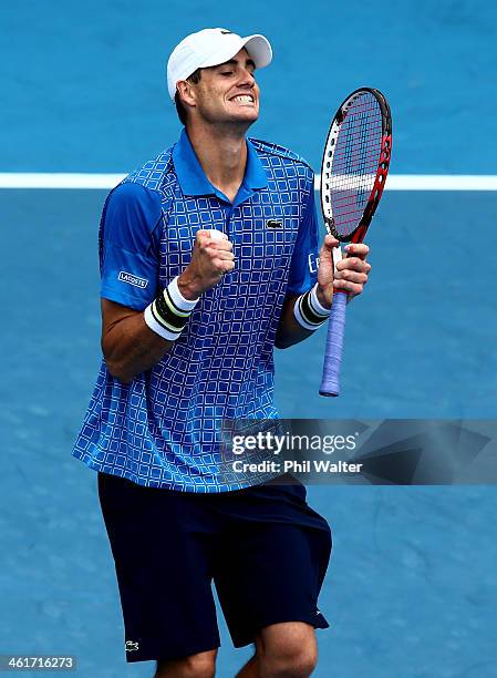 John Isner of the USA celebrates his win over Yen-Hsun Lu of Chinese Tapei during the final of the Heineken Open at the ASB Tennis Centre on January...