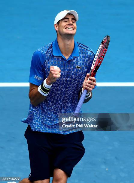 John Isner of the USA celebrates his win over Yen-Hsun Lu of Chinese Tapei during the final of the Heineken Open at the ASB Tennis Centre on January...